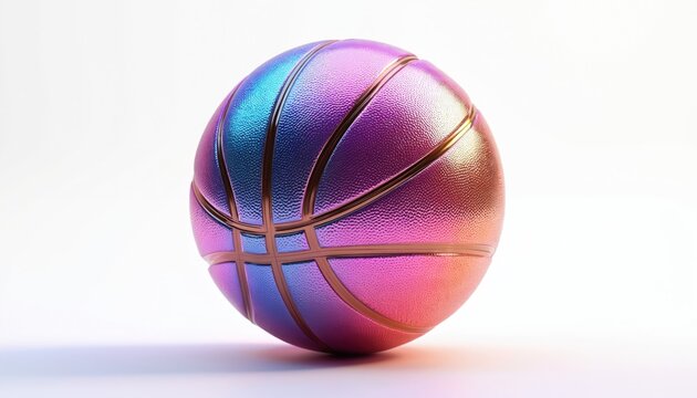 Basketball with chrome finish shows retro gradient colors. This sphere object is isolated on a white background, perfect for sports and gaming themes.