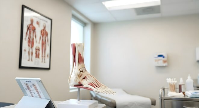 Anatomy model of human foot and ankle displayed on desk in bright medical examination room with framed chart on wall and bed in background.