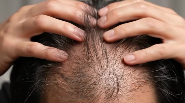 Man experiencing hair loss on top of head with hands on scalp