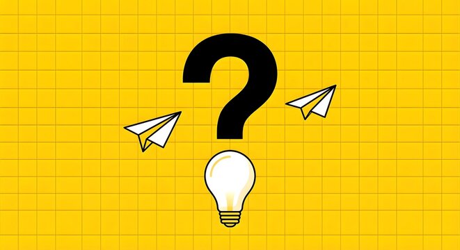 Question mark concept with two paper planes and light bulb on yellow checkered background creativity idea inspiration