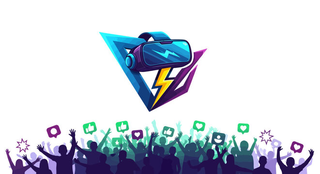 Electric music festival crowd with colorful lights and logo