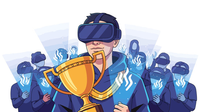 man in VR headset holding trophy with blue team