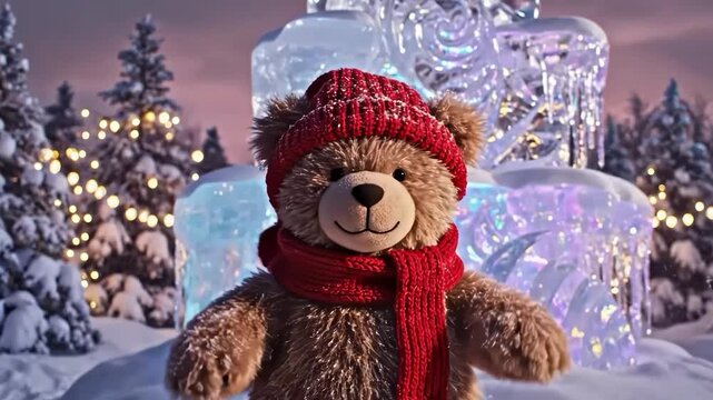 A brown teddy bear wearing a red hat standing in front of an ice sculpture
