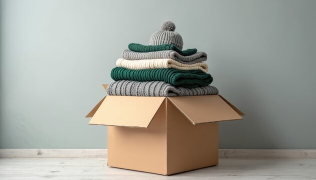 Neatly folded warm clothing and a knit hat are stacked inside an open cardboard box. Preparing for cold weather or donation, cozy apparel is organized for storage or delivery.