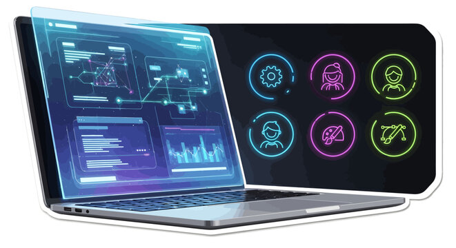 Laptop with futuristic interface and colorful icons on screen