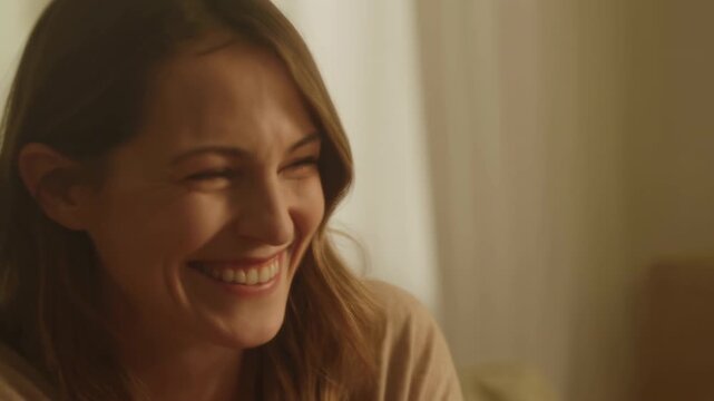 Joyful Woman Relaxing. Woman Laughs In Cozy Room. Cheerful Lady Sharing Lighthearted Moments In Inviting Space