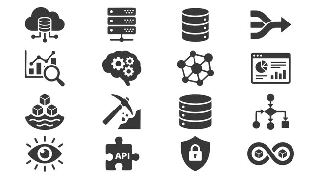 Premium Big Data and Cloud Computing Solid Glyph Icon Set. Essential data analytics, server management, and machine learning vector symbols for enterprise UI design and tech dashboards.