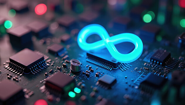 Blue neon infinity symbol glows on complex computer circuit board. Digital technology concept for software dev, data, network systems. Futuristic hardware illustration with integrated chips,