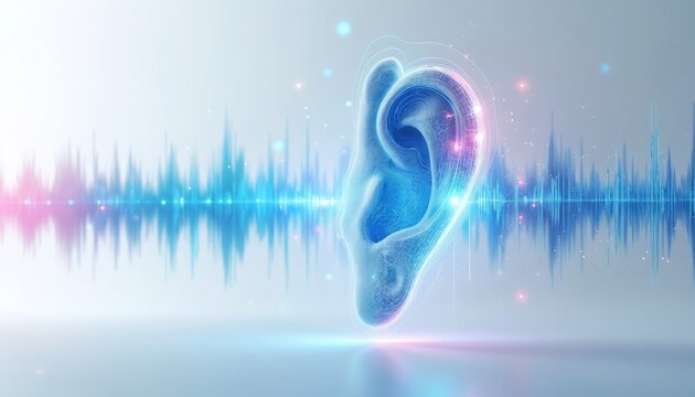 Abstract ear shape with holographic blue cyan waveform overlay. Visualizing sound waves audio perception and communication tech. Digital audio spectrum analysis.
