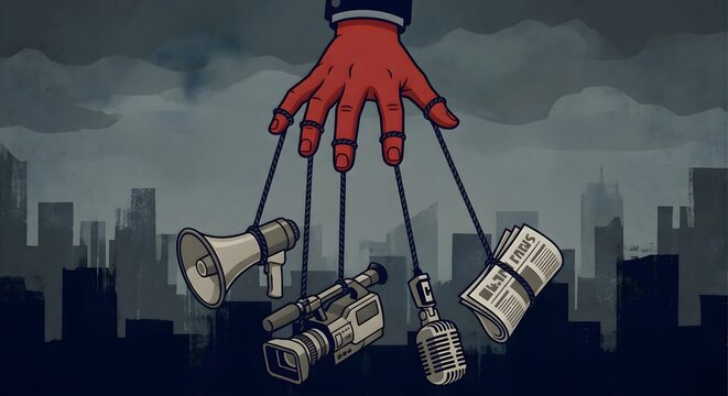Media manipulation concept, hand controlling puppets, megaphone, video camera, microphone, newspaper strings attached, dark city background, symbolizing censorship and propaganda.