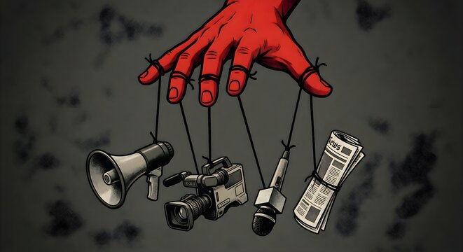 Media manipulation concept, hand controlling puppets, megaphone, video camera, microphone, newspaper strings attached, dark background, symbolizing censorship and propaganda.