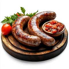 Fototapeta premium Juicy Grilled Sausages with Tomato Sauce Garnished with Fresh Parsley and Cherry Tomato on a Round Wooden Cutting Board