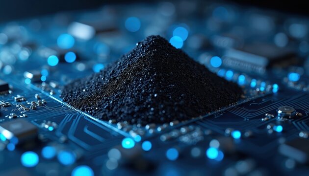 Pile of dark powder rests on blue circuit board with glowing lights. Raw material or mineral for tech production. Closeup abstract science concept.