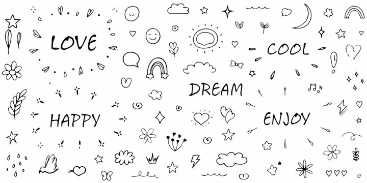 Hand drawn doodle collection with positive words and playful illustrations