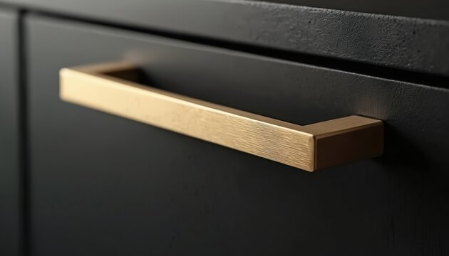 Close up on modern black cabinet with gold handle. This sleek furniture detail complements contemporary kitchen or bathroom interiors. Elegant minimalist design for upscale home decor.