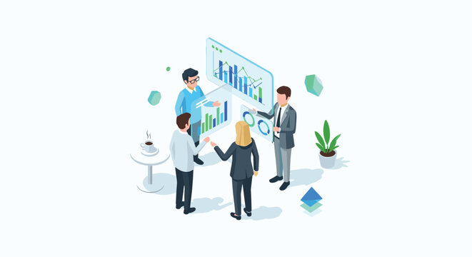 Professional team members interact with glowing semi-transparent data visualization charts in a clean minimalist office space with soft ambient lighting.