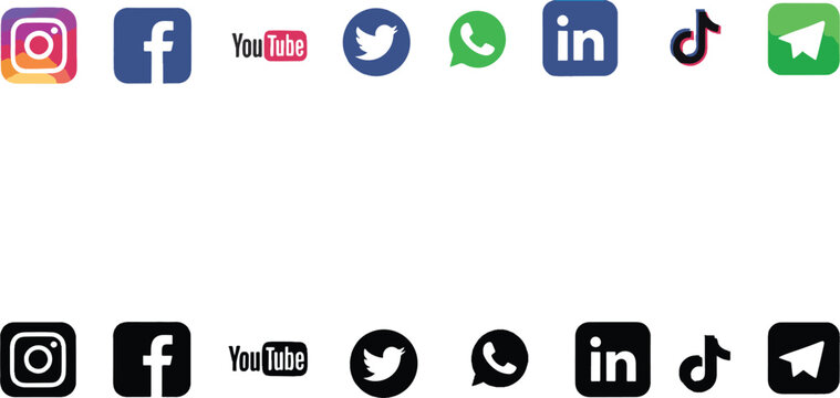 A collection of social media icons facebook, instagram, youtube, twitter, linkedin, tiktok, telegram on a white background