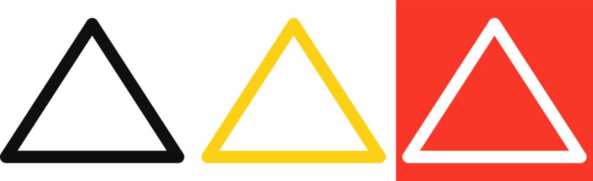 A triangle with rounded corners in three variations: dark, yellow, and a white triangle on a red background