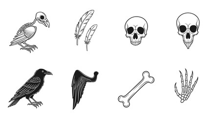 Obraz premium Collection of spooky Halloween icons featuring skulls, bones, and bird skeletons