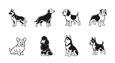 Fototapeta premium Collection of diverse dog breeds illustrated in a clean, modern graphic style