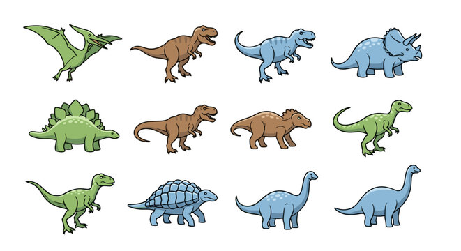 Collection of diverse cartoon dinosaurs and prehistoric creatures in various poses