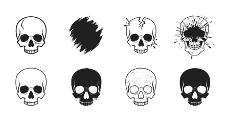 Fototapeta premium Collection of diverse skull illustrations with grunge and splatter effects