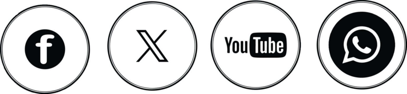 A set of simple, black and white social media icons for Facebook, X, YouTube, and WhatsApp