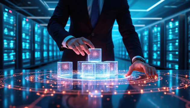 Man in suit interacts with glowing cubes on digital table. Futuristic data center background with server racks. Represents IT management, cloud systems, and tech innovation.