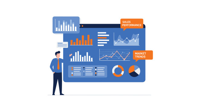 Business professional presents complex sales performance data and shifting market trends on a vibrant blue interactive digital board in a bright room.