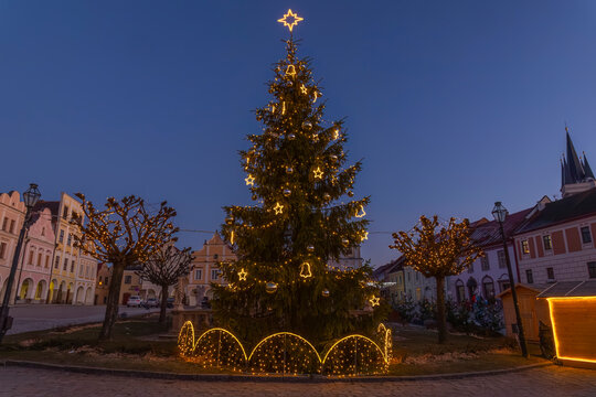 Christmas tree adorning Telc town square at dusk