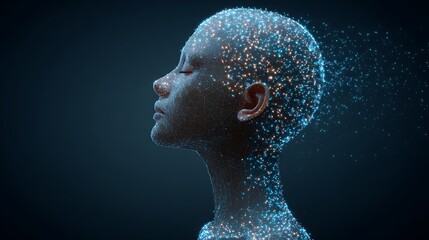 Obraz premium Human head silhouette dissolving into glowing blue and orange digital particles on dark