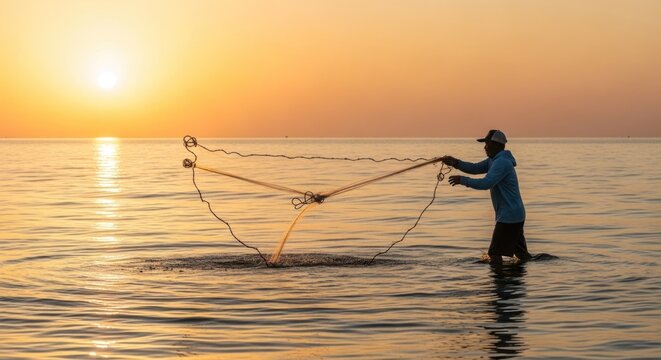 Fisherman casting net at sunrise over calm ocean water.