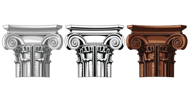 A comparative illustration displaying three variations of a classical ionic order column capital