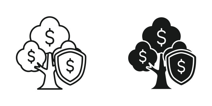 Growth and security of investments illustrated through trees and shields with dollar signs