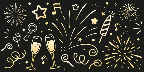 Obraz premium Golden new year s eve doodles featuring fireworks champagne and musical notes