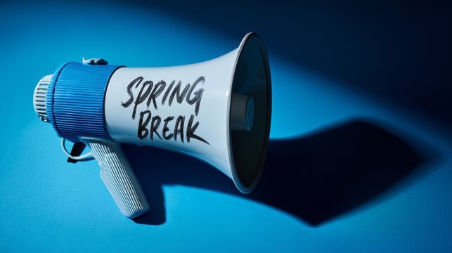 Spring break announcement with a blue megaphone on a dark blue background ready for fun activities and events in the season