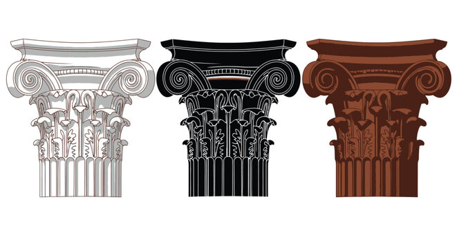 Three representations of a classical ionic order capital grayscale outline and color