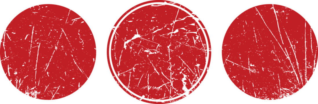 Three red circular rubber stamp textures with distressed grunge scratches and worn edges