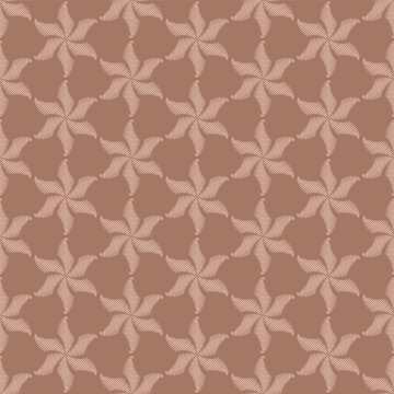 Seamless vector pattern featuring stylized six-petal floral motifs in a mocha mousse color palette. Each flower is composed of fine, hatched lines, giving the design a tactile, embroidered appearance.