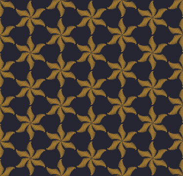 Seamless vector pattern featuring stylized gold floral or star-like geometric shapes. The hatched texture of the gold elements creates a luxurious, embroidered appearance against a blue background. 