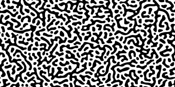 Organic black and white reaction diffusion pattern, abstract turing pattern background, seamless liquid maze texture