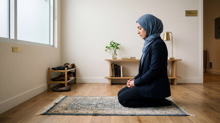 Fototapeta premium A serene woman in a hijab sitting cross-legged on prayer mat a peaceful room with natural light