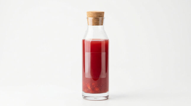 Glass bottle with red berry juice and cork stopper isolated on white background