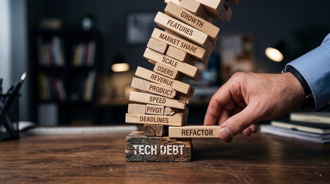A person carefully handling a precariously stacked Jenga game representing tech debt in a modern office setting.