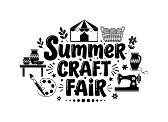 Naklejka premium Summer Craft Fair. lettering and all elements in black. Vector style. White background. Pure white background. Perfect isolation and visual consistency. Bold
