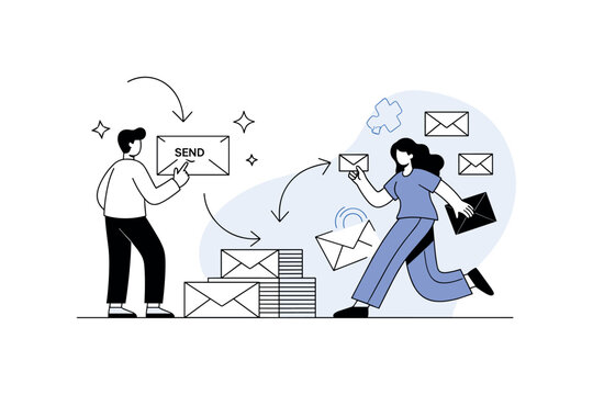 Email productivity. A single user clicks send on a message while completed emails stack neatly nearby. Small stars and arrows suggest accomplishment and