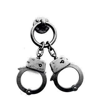 A pair of shackled handcuffs attached to a wall ring, symbolic of confinement, tightly framed and slightly tilted, monochrome halftone illustration with strong