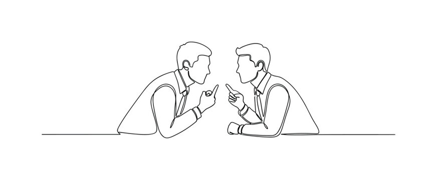 "Deal Discussion". Minimalistic one-line drawing two figures leaning forward in conversation with agreement gesture implied, continuous single black line on