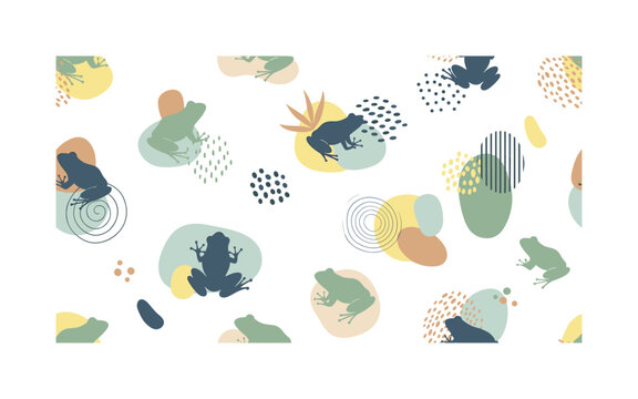 Minimal frog silhouettes with abstract shapes, seamless pattern, repeating pattern, surface design, textile print, soft color palette, modern illustration, no