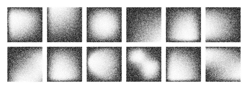 Dot grain stipple noise vector set. Geometric square gradients with shaded point texture. Minimalist monochrome pattern elements for graphic design, retro shader and background overlay.